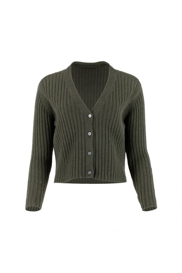 ribbed cashmere & lambswool cardigan with long sleeves, 4 buttons in fir green colour, profile view