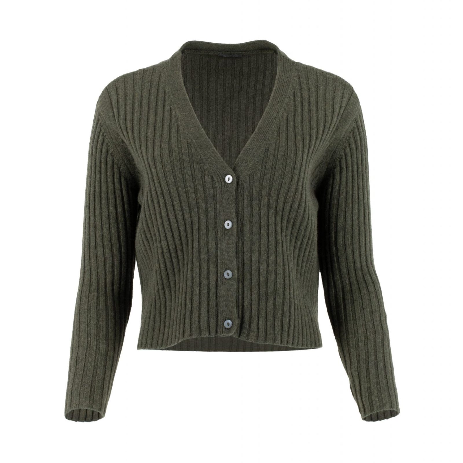 ribbed cashmere & lambswool cardigan with long sleeves, 4 buttons in fir green colour, profile view