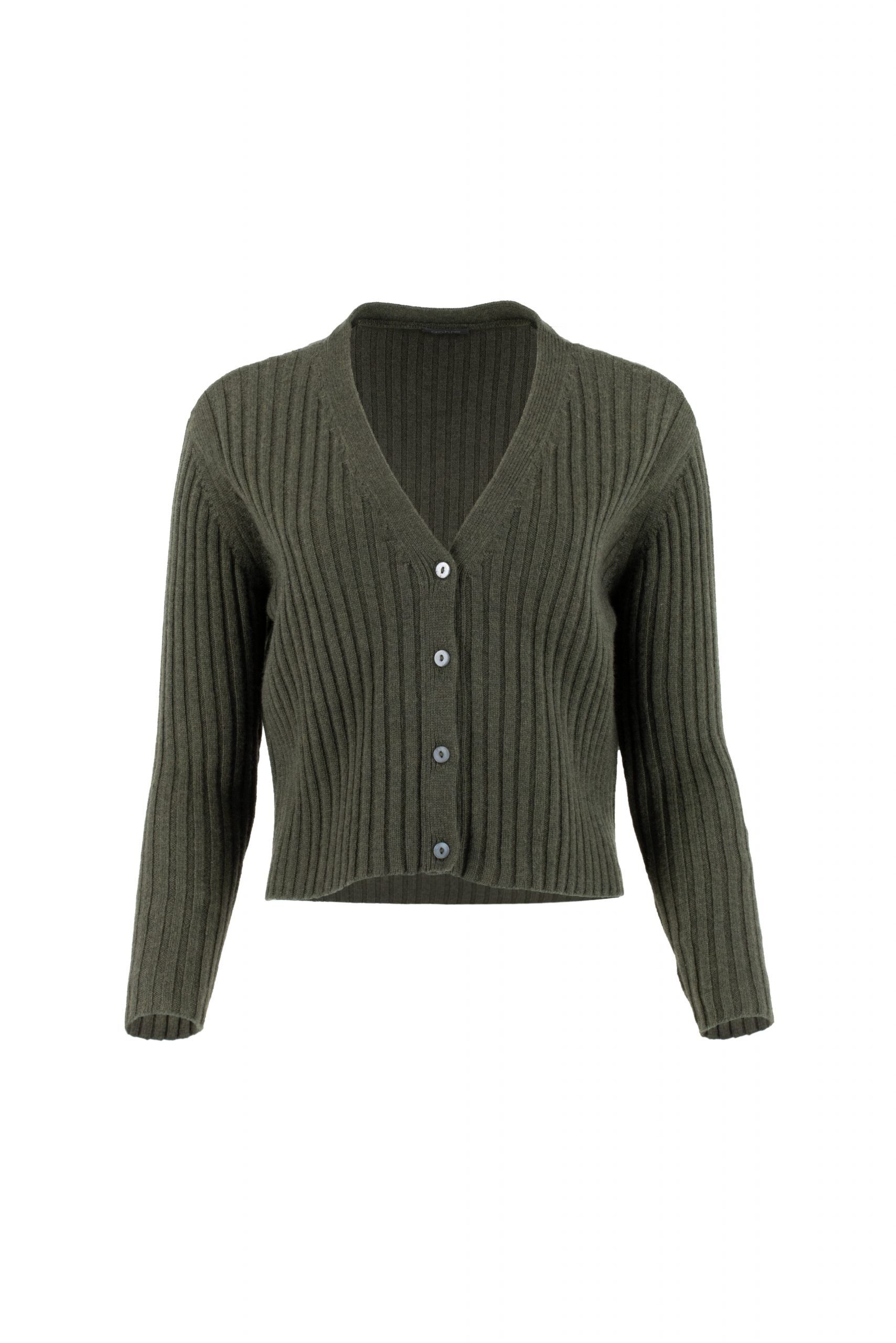 ribbed cashmere & lambswool cardigan with long sleeves, 4 buttons in fir green colour, profile view
