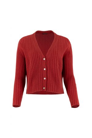 ribbed cashmere & lambswool cardigan with long sleeves, 4 buttons in rust colour, front view