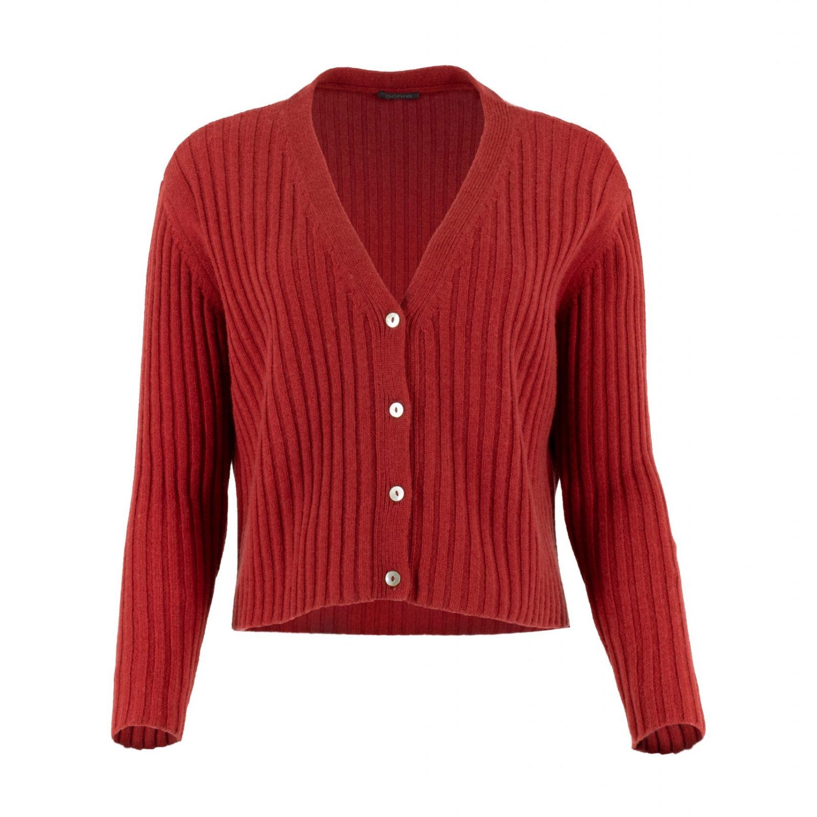 ribbed cashmere & lambswool cardigan with long sleeves, 4 buttons in rust colour, front view