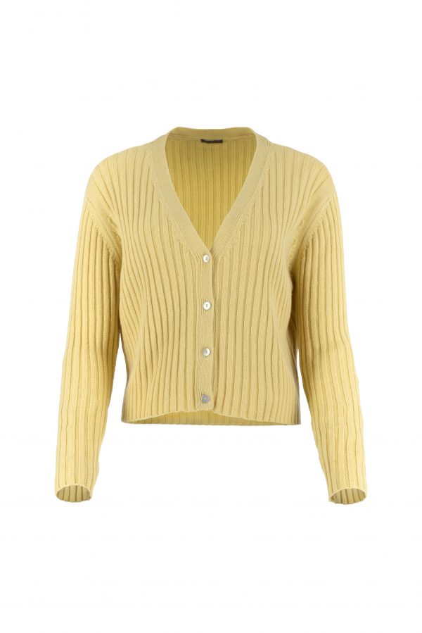 ribbed cashmere & lambswool cardigan with long sleeves, 4 buttons in turmeric colour, front view