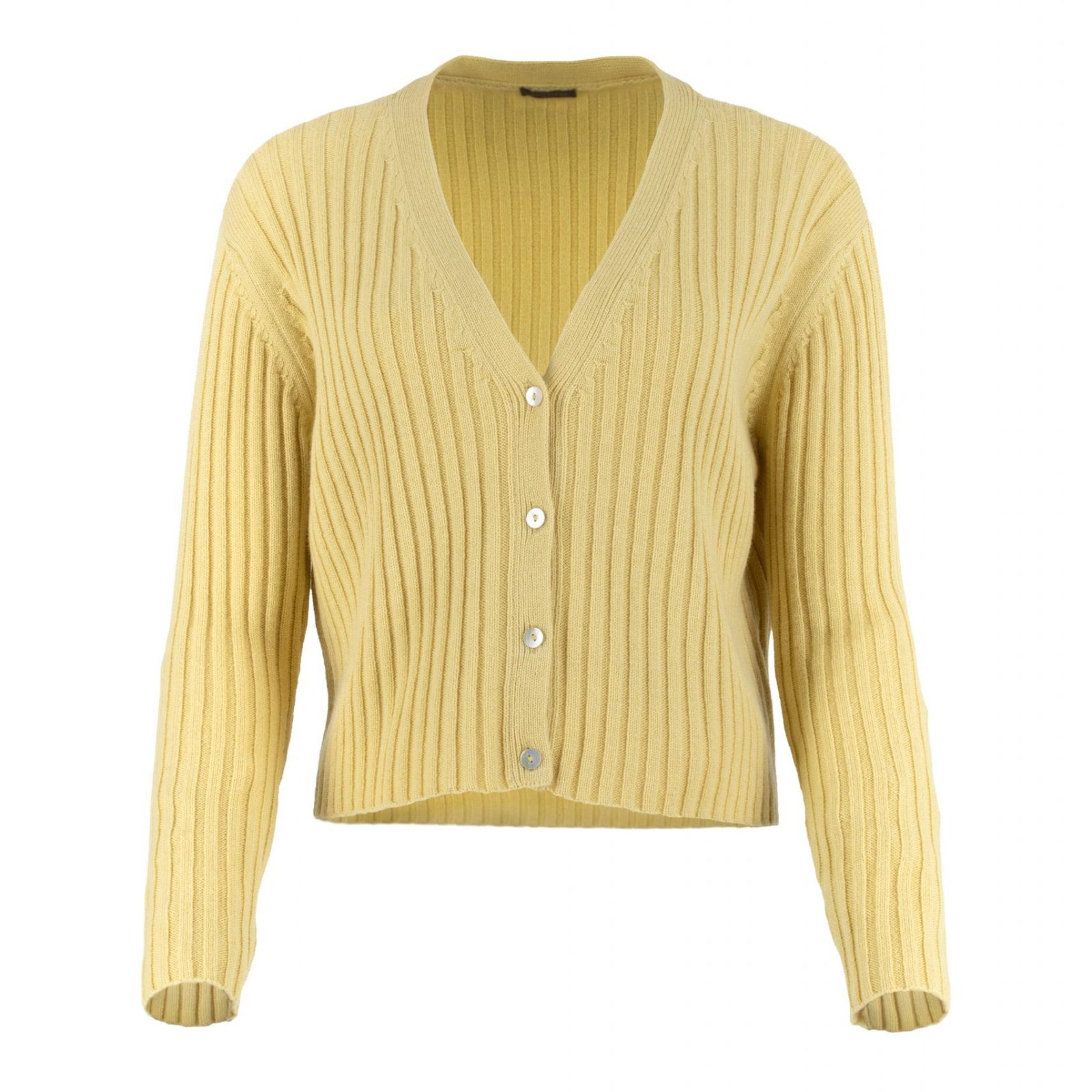 ribbed cashmere & lambswool cardigan with long sleeves, 4 buttons in turmeric colour, front view
