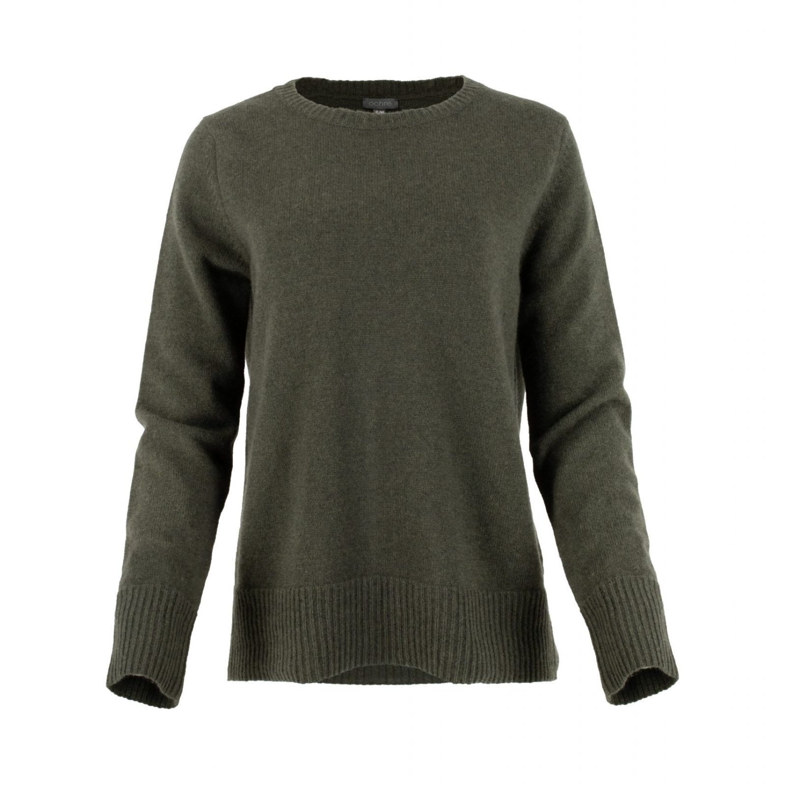 Nataly-cashmere-mix-jumper-fir-green-colour-front - Ochre Knitwear cashmere mix jumper with long sleeves, crew neck, deep ribbed cuffs, deep ribbed hem and subtle centre-back seam detail in fir green colour