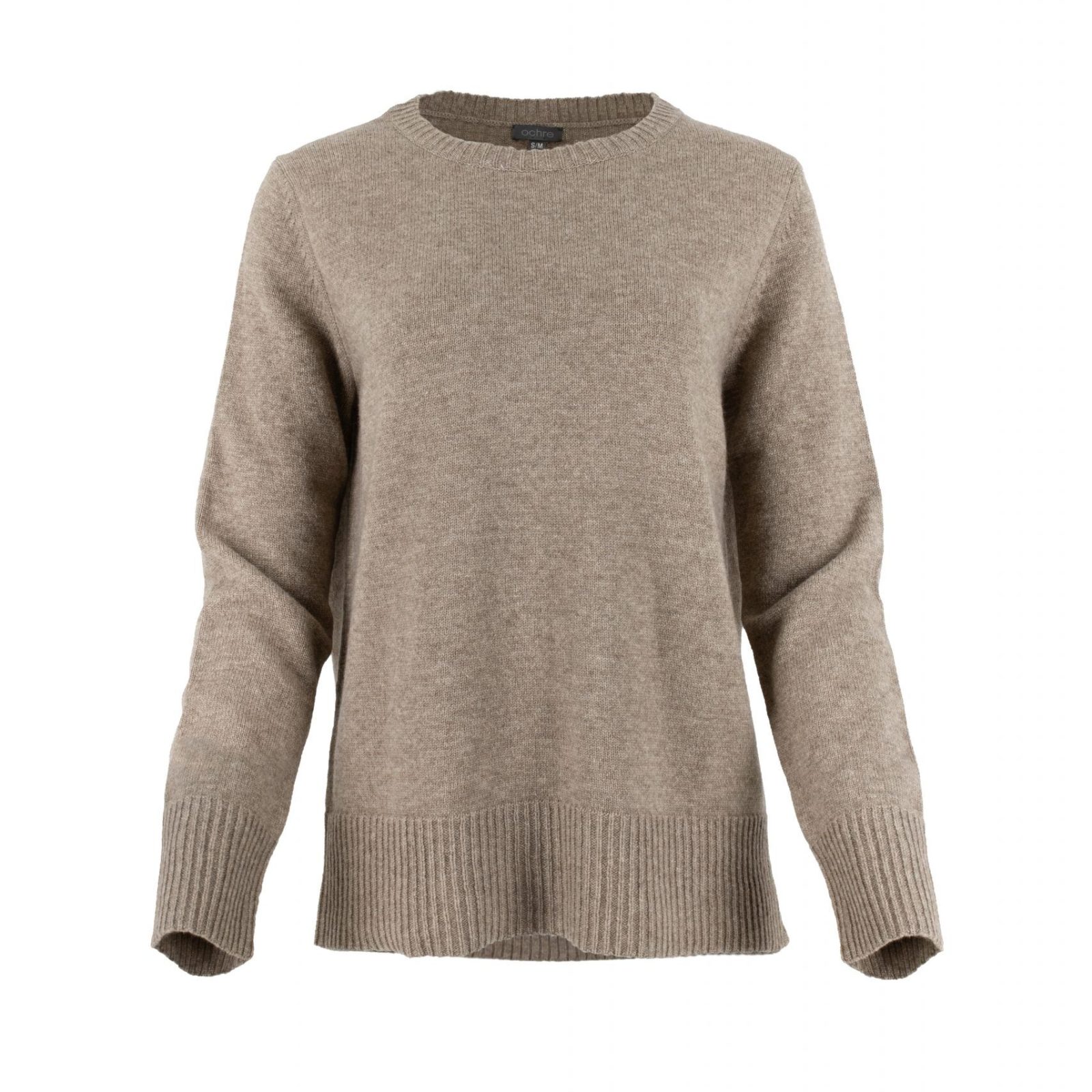 Nataly-cashmere-mix-jumper-mocha-colour-front - Ochre Knitwear cashmere mix jumper with long sleeves, crew neck, deep ribbed cuffs, deep ribbed hem and subtle centre-back seam detail in mocha colour