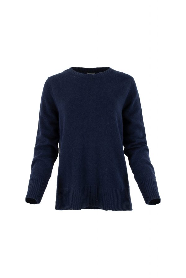 Nataly-cashmere-mix-jumper-navy-colour-front - Ochre Knitwear cashmere mix jumper with long sleeves, crew neck, deep ribbed cuffs, deep ribbed hem and subtle centre-back seam detail in navy colour