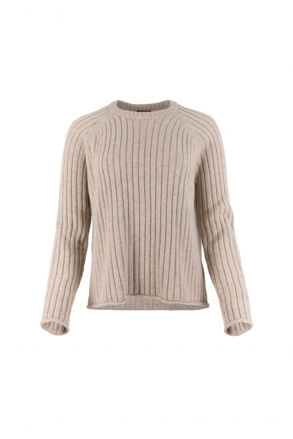 ribbed jumper in oatmeal, long sleeves, round neck– front view