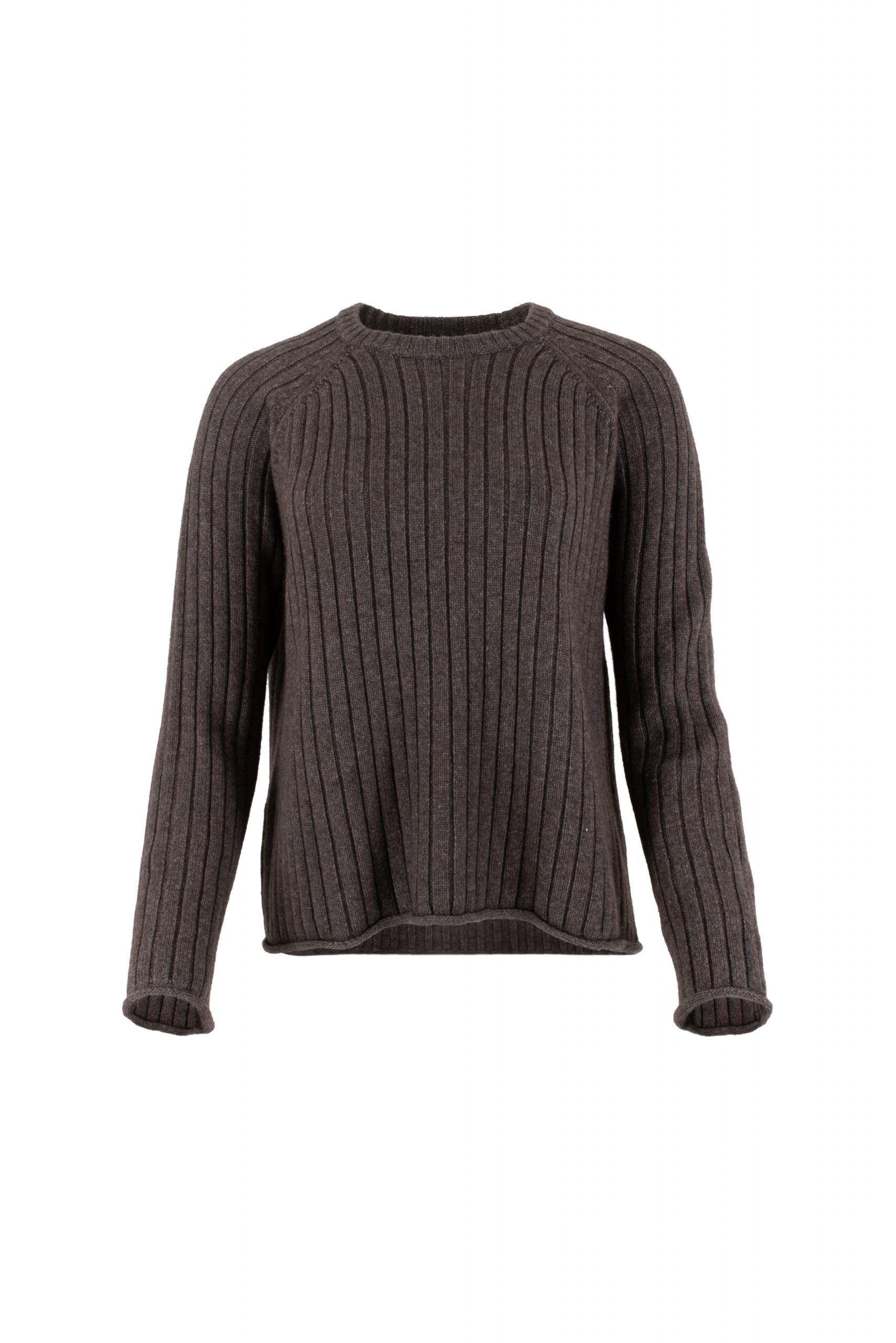 ribbed jumper in otter, long sleeves, round neck– front view