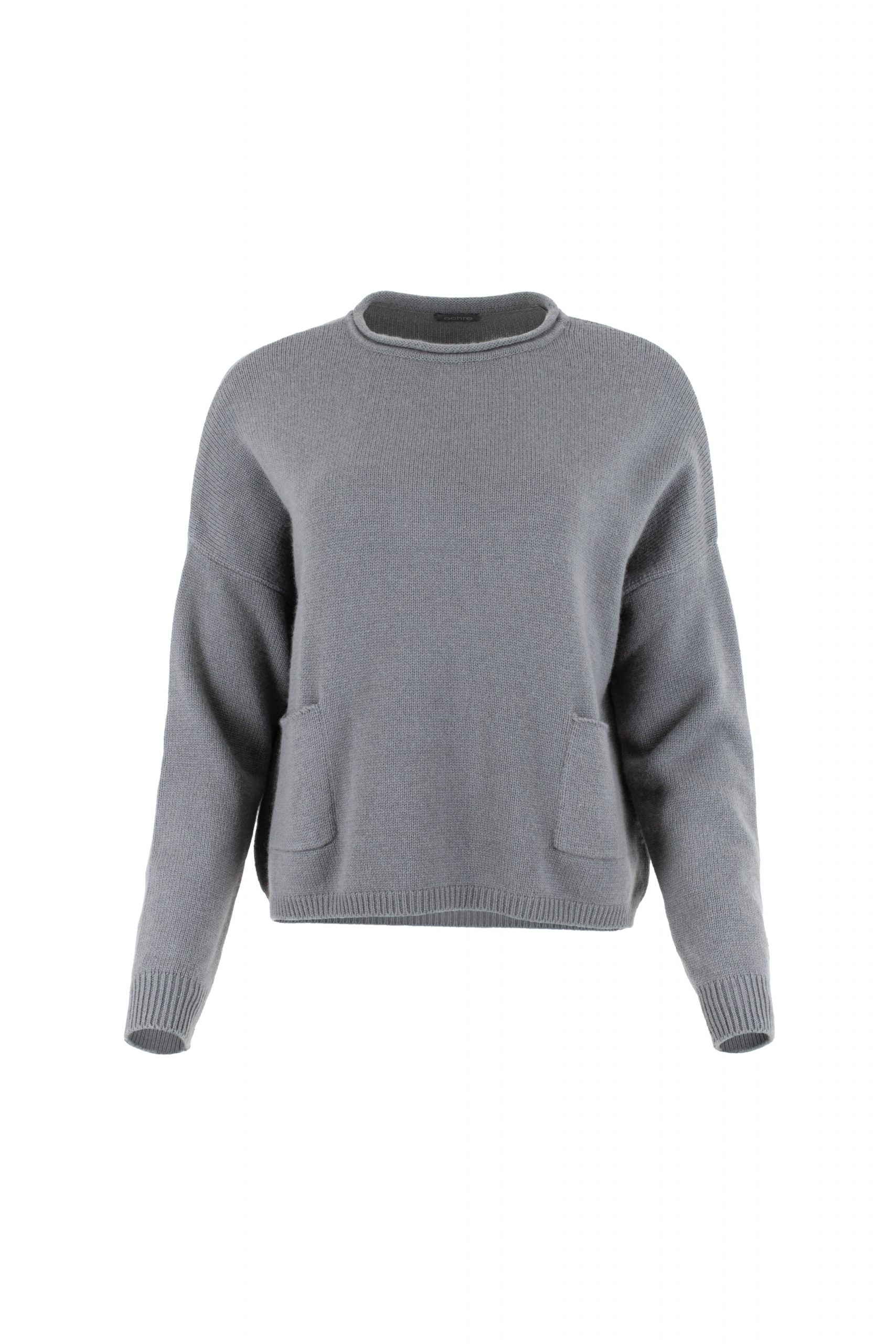boxy jumper with two front patch pocket and long sleeves in smoke colour, front view