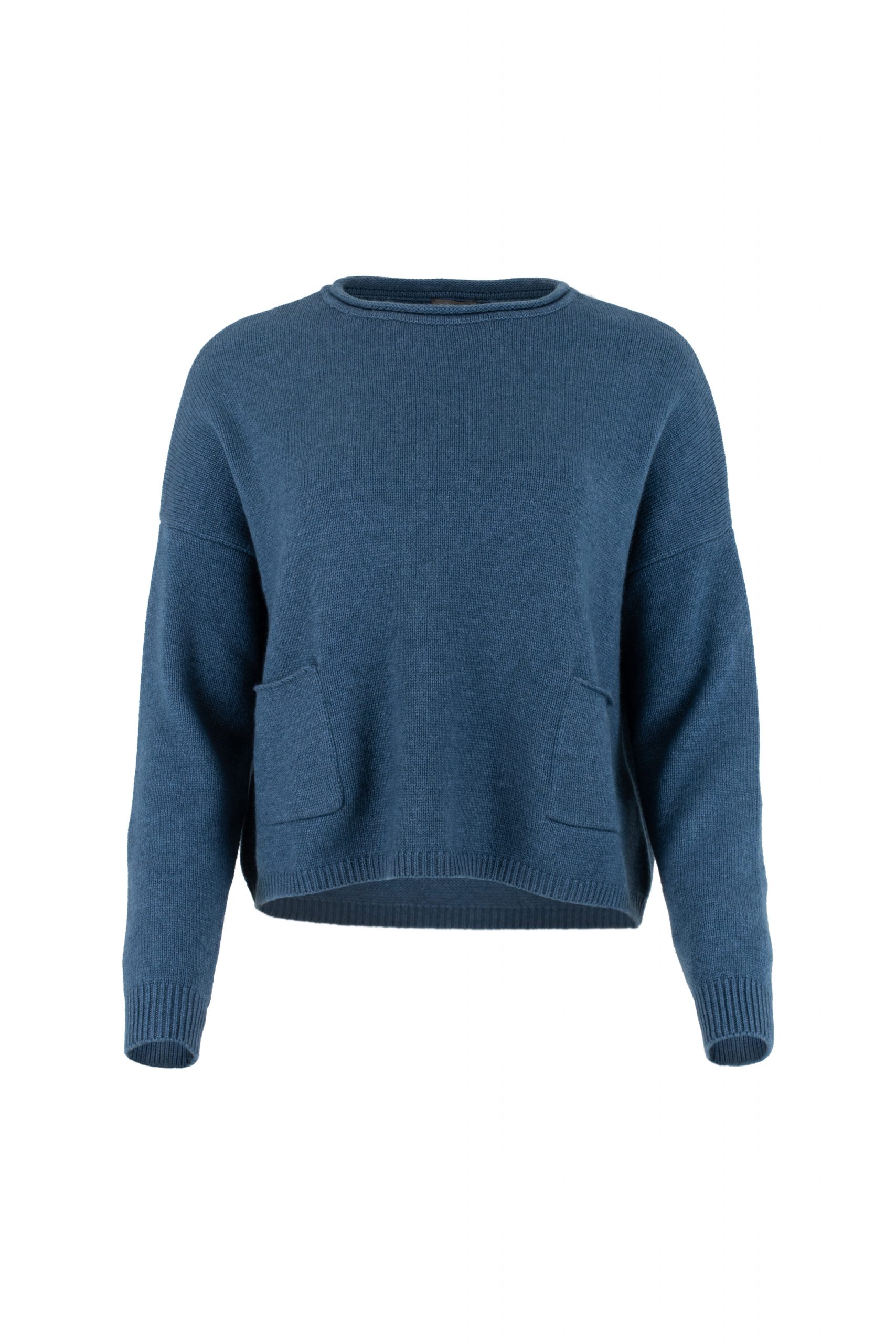 boxy jumper with two front patch pocket and long sleeves in teal colour, front view