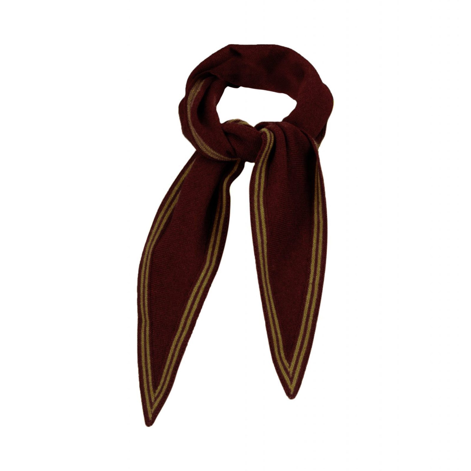 Bontie-bandana-scarf-burgundy-moss - Ochre Knitwear Bontie bandana scarf in burgundy with moss contrast fine stripe border – cashmere mix, 125cm