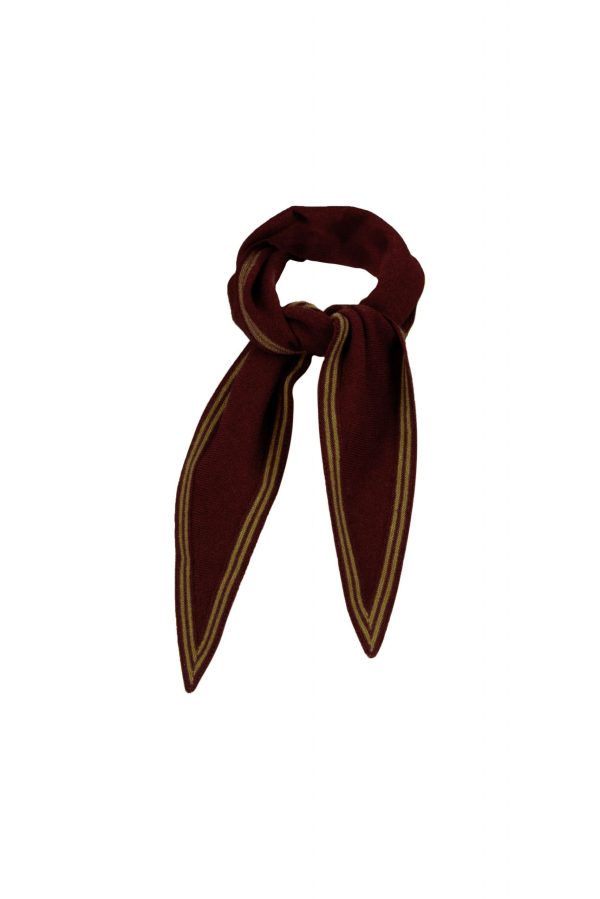 Bontie-bandana-scarf-burgundy-moss - Ochre Knitwear Bontie bandana scarf in burgundy with moss contrast fine stripe border – cashmere mix, 125cm