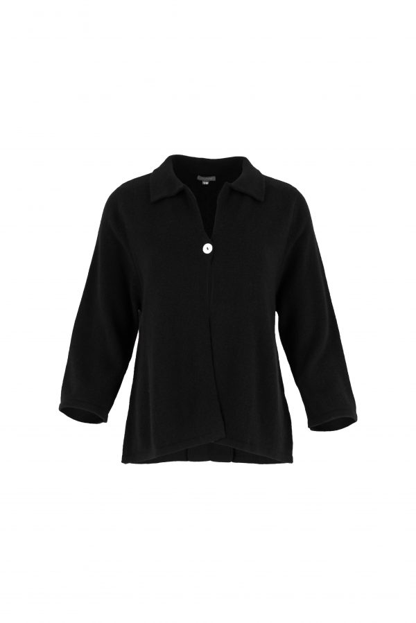 one button cardigan with collar, open front and long sleeves in black colour, front view
