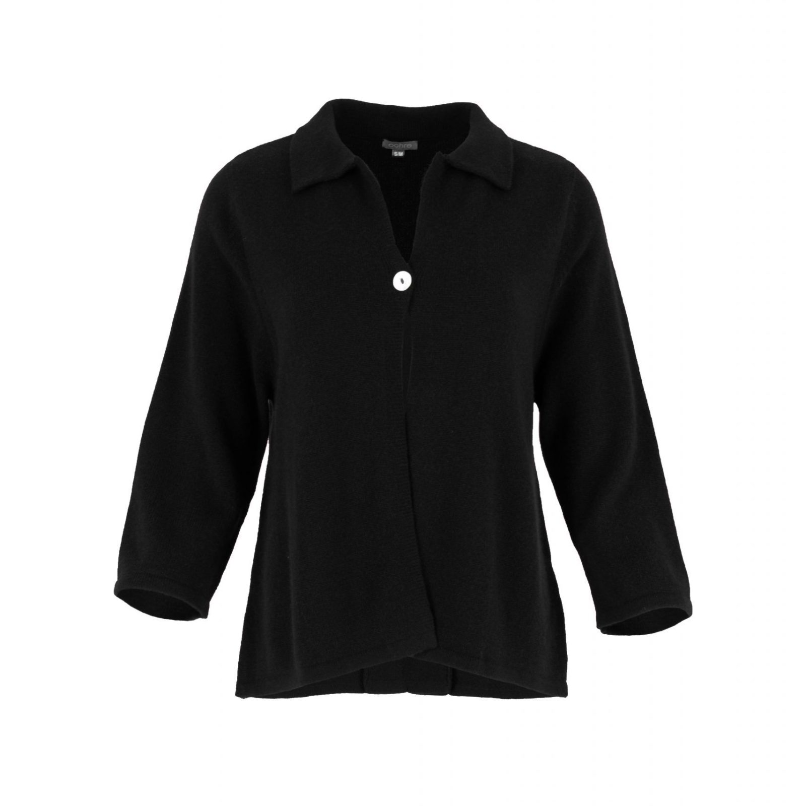 one button cardigan with collar, open front and long sleeves in black colour, front view
