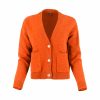 cardigan with buttons and 2 patched pockets in flame colour front view