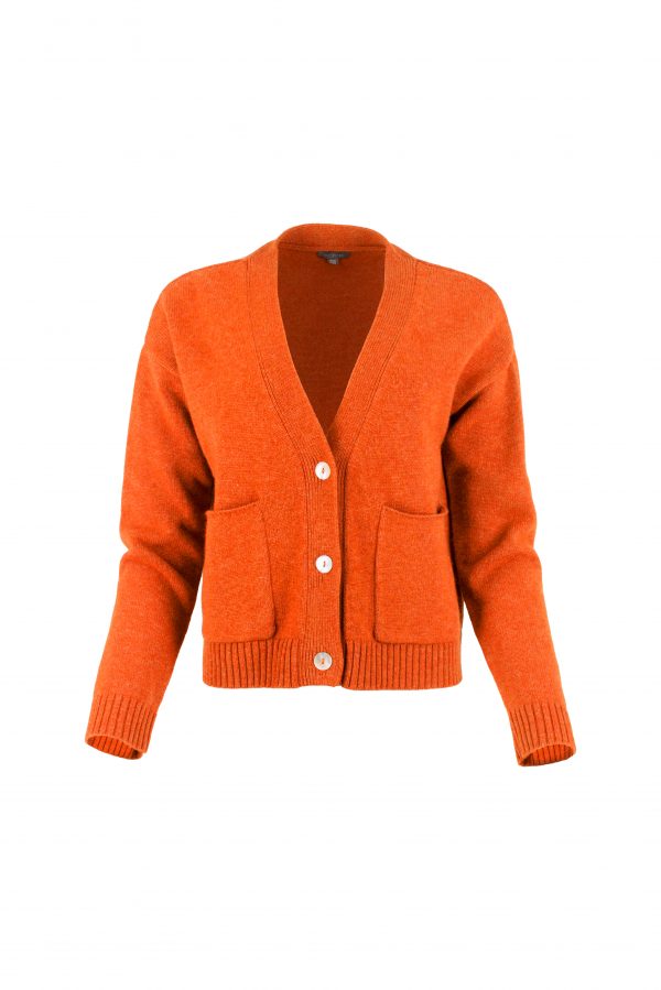 cardigan with buttons and 2 patched pockets in flame colour front view