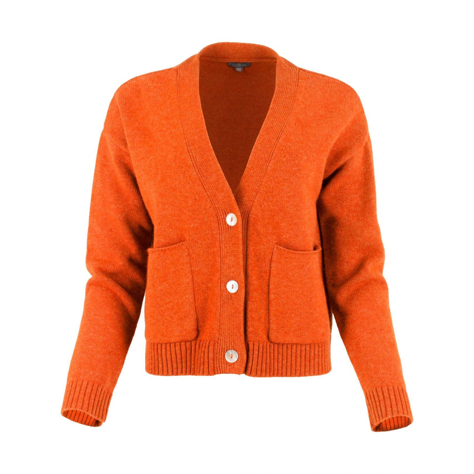 cardigan with buttons and 2 patched pockets in flame colour front view