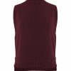 knitted vest features round neck, sleeveless, longer at the back with side split in burgundy colour, front view