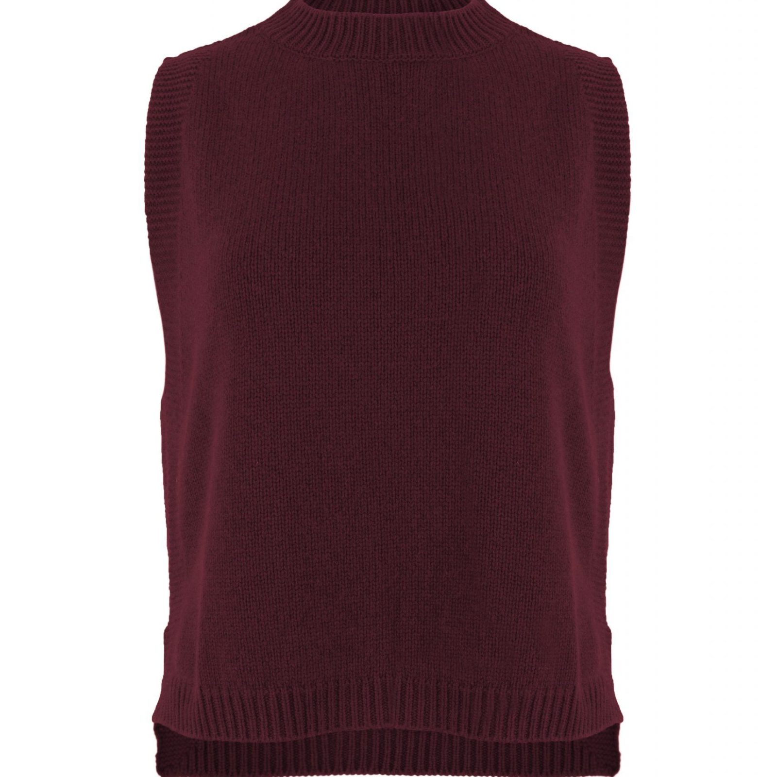 Lula-vest-burgundy-front-view - Ochre Knitwear knitted vest features round neck, sleeveless, longer at the back with side split in burgundy colour, front view