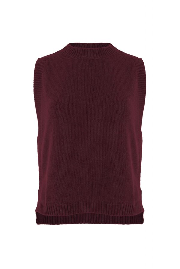Lula-vest-burgundy-front-view - Ochre Knitwear knitted vest features round neck, sleeveless, longer at the back with side split in burgundy colour, front view