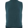 knitted vest features round neck, sleeveless, longer at the back with side split in teal colour, front view