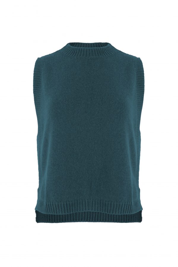 knitted vest features round neck, sleeveless, longer at the back with side split in teal colour, front view