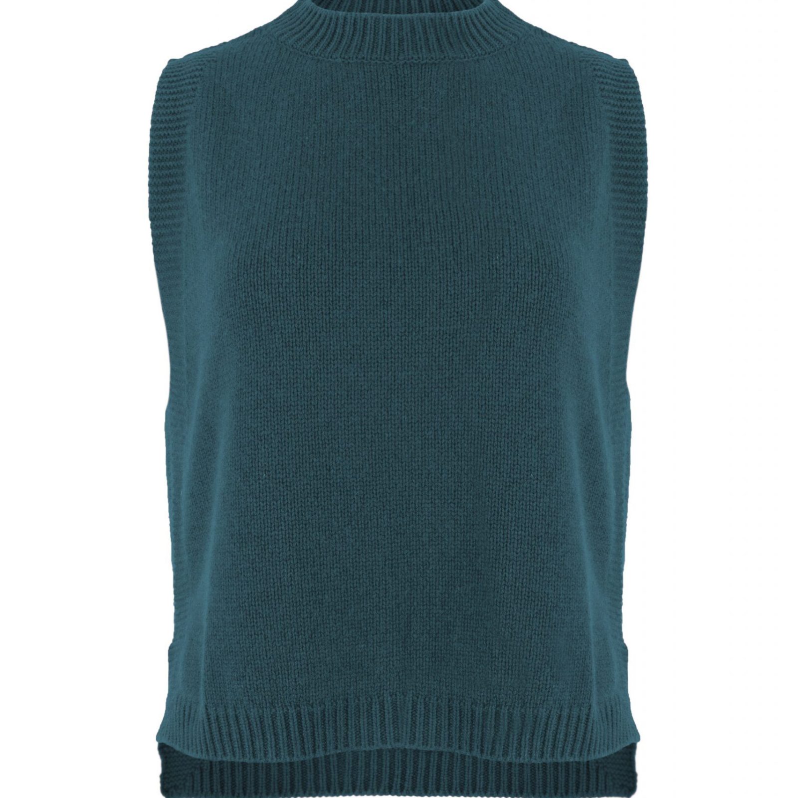 Lula-vest-teal-front-view - Ochre Knitwear knitted vest features round neck, sleeveless, longer at the back with side split in teal colour, front view
