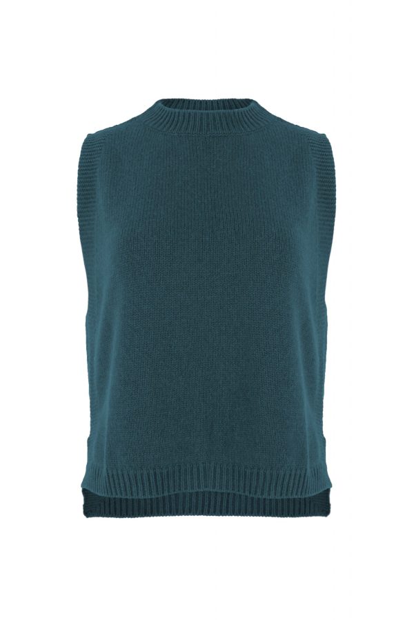 Lula-vest-teal-front-view - Ochre Knitwear knitted vest features round neck, sleeveless, longer at the back with side split in teal colour, front view