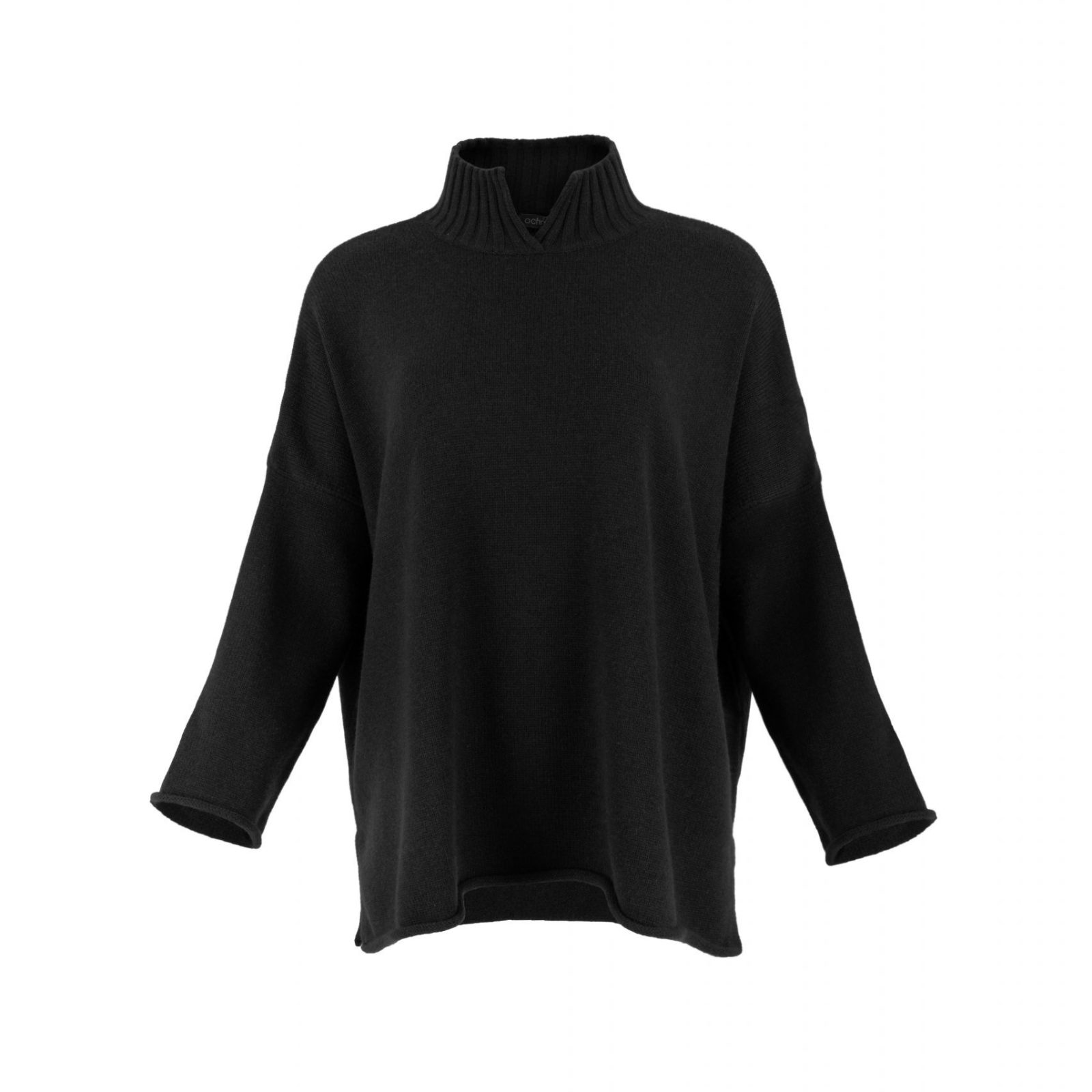 an oversized jumper featuring long sleeves, a high ribbed neckline, and a center front opening, presented in a black colour, viewed from the front