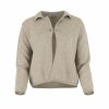 Carlota-cashmere-cardigan-stone-front - Ochre Knitwear cashmere collared cardigan with pin fastening, relaxed fit in stone colour, luxury women’s knitwear front view