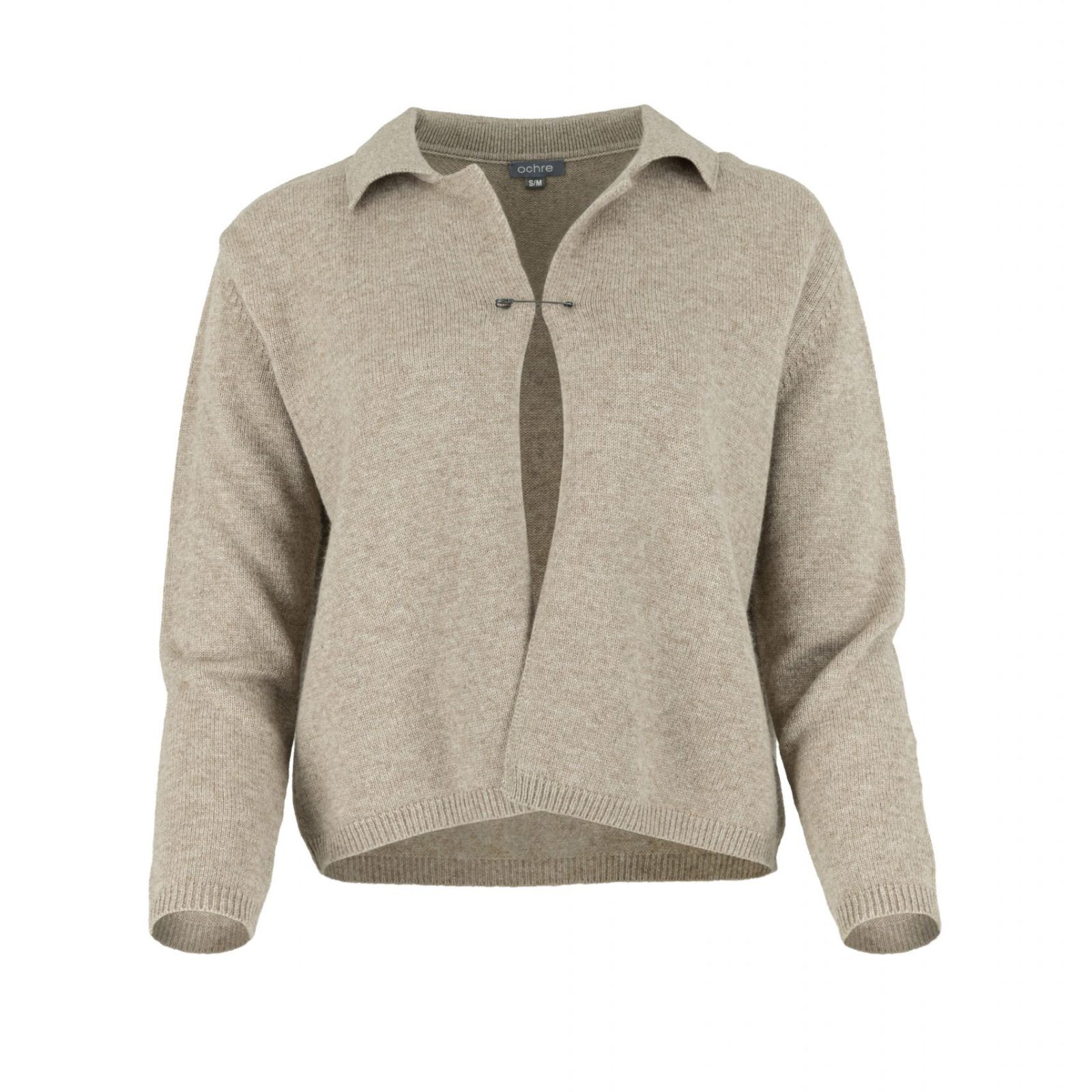 Carlota-cashmere-cardigan-stone-front - Ochre Knitwear cashmere collared cardigan with pin fastening, relaxed fit in stone colour, luxury women’s knitwear front view