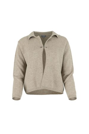Carlota-cashmere-cardigan-stone-front cashmere collared cardigan with pin fastening, relaxed fit in stone colour, luxury women’s knitwear front view