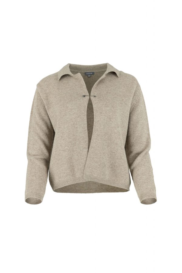 Carlota-cashmere-cardigan-stone-front - Ochre Knitwear cashmere collared cardigan with pin fastening, relaxed fit in stone colour, luxury women’s knitwear front view