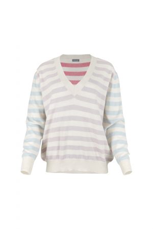 Cherry Women’s ivory cashmere blend striped jumper with orchid, monet pink and cloud blue pastel stripes, front view luxury knitwear