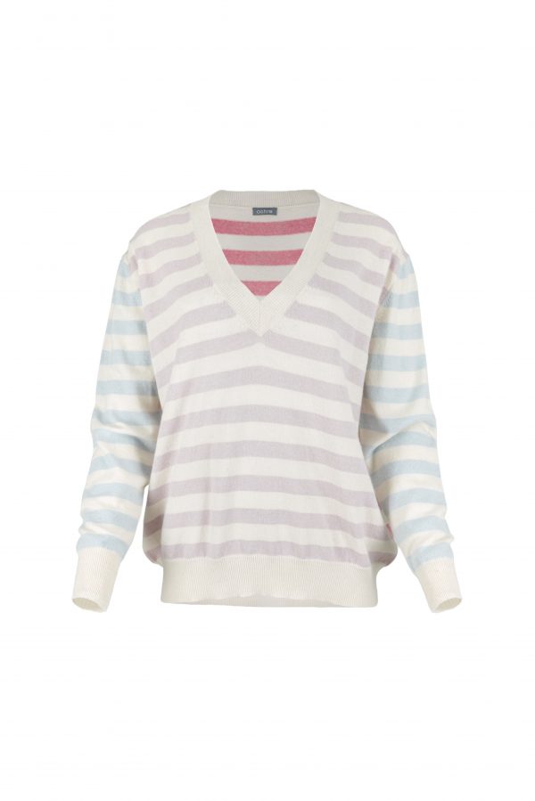 cherry-cashmere-blend-v-neck-jumper-ivory-orchid-monet-pink-cloud-blue-front - Ochre Knitwear Cherry Women’s ivory cashmere blend striped jumper with orchid, monet pink and cloud blue pastel stripes, front view luxury knitwear
