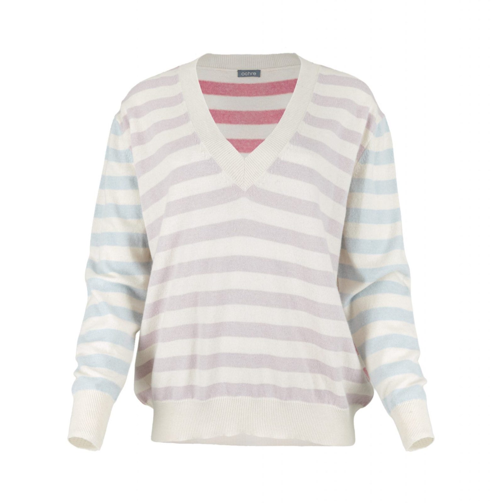 stripe-cashmere-blend-jumper-ivory-orchid-monet-pink-cloud-blue-front - Ochre Knitwear stripe cashmere blend jumper with orchid, monet pink and cloud blue pastel stripes, front view luxury knitwear
