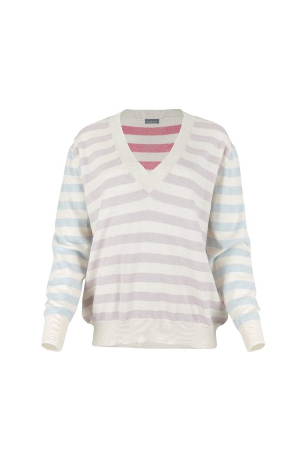 stripe-cashmere-blend-jumper-ivory-orchid-monet-pink-cloud-blue-front - Ochre Knitwear stripe cashmere blend jumper with orchid, monet pink and cloud blue pastel stripes, front view luxury knitwear