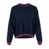 crew neck cashmere blend jumper in navy with fluro pink trim front view