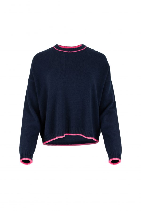 crew neck cashmere blend jumper in navy with fluro pink trim front view