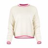 Ivory crew neck cashmere blend jumper with fluro pink trim front view