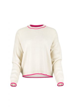 Ivory crew neck cashmere blend jumper with fluro pink trim front view