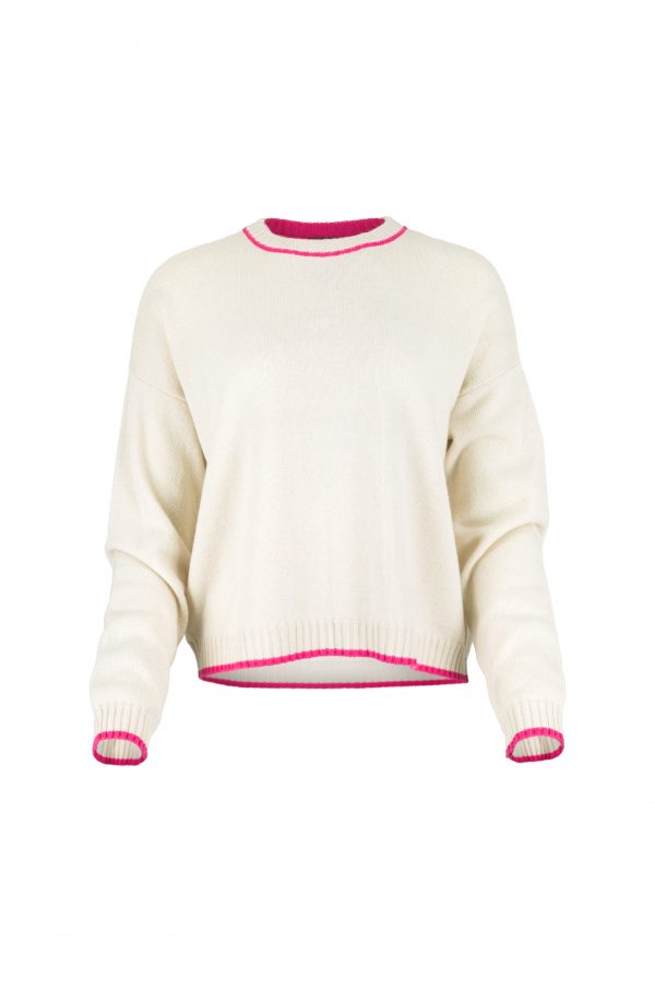 Ivory crew neck cashmere blend jumper with fluro pink trim front view