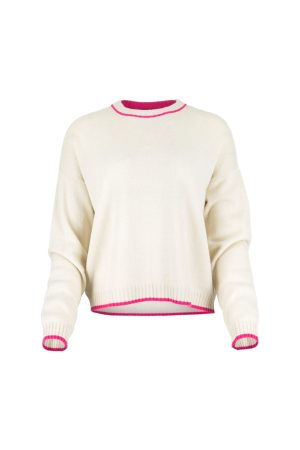 cornish-crew-neck-jumper-ivory-fluro-pink-front Ivory crew neck cashmere blend jumper with fluro pink trim front view