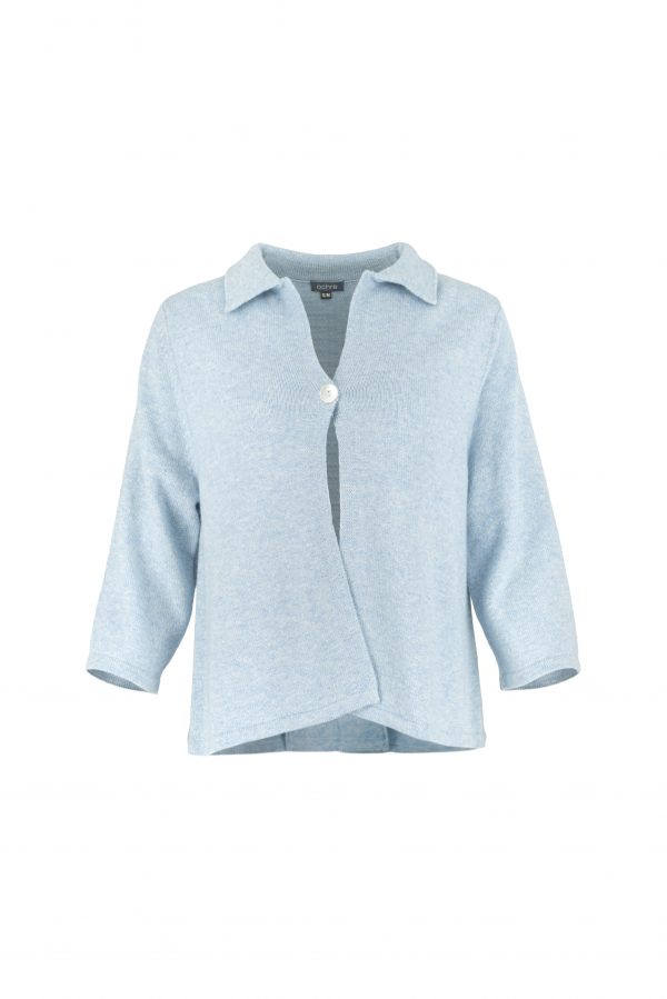 one button cardigan with collar, open front and long sleeves in chalk blue colour, front view