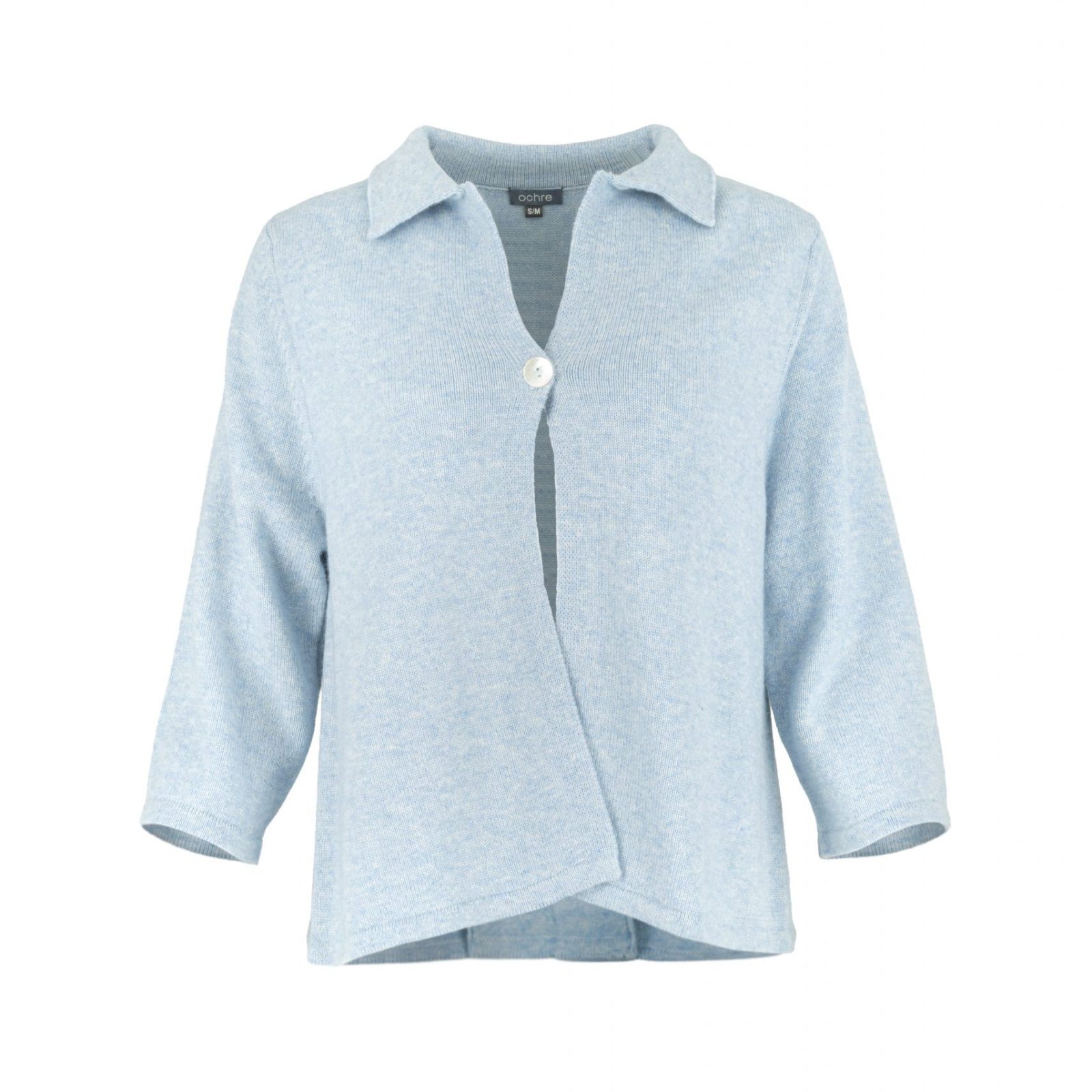 one button cardigan with collar, open front and long sleeves in chalk blue colour, front view