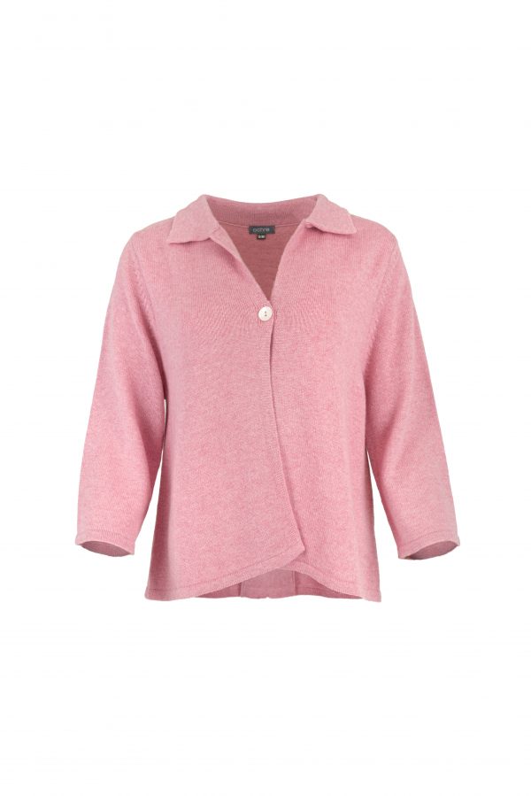 one button cardigan with collar, open front and long sleeves in monet pink colour, front view
