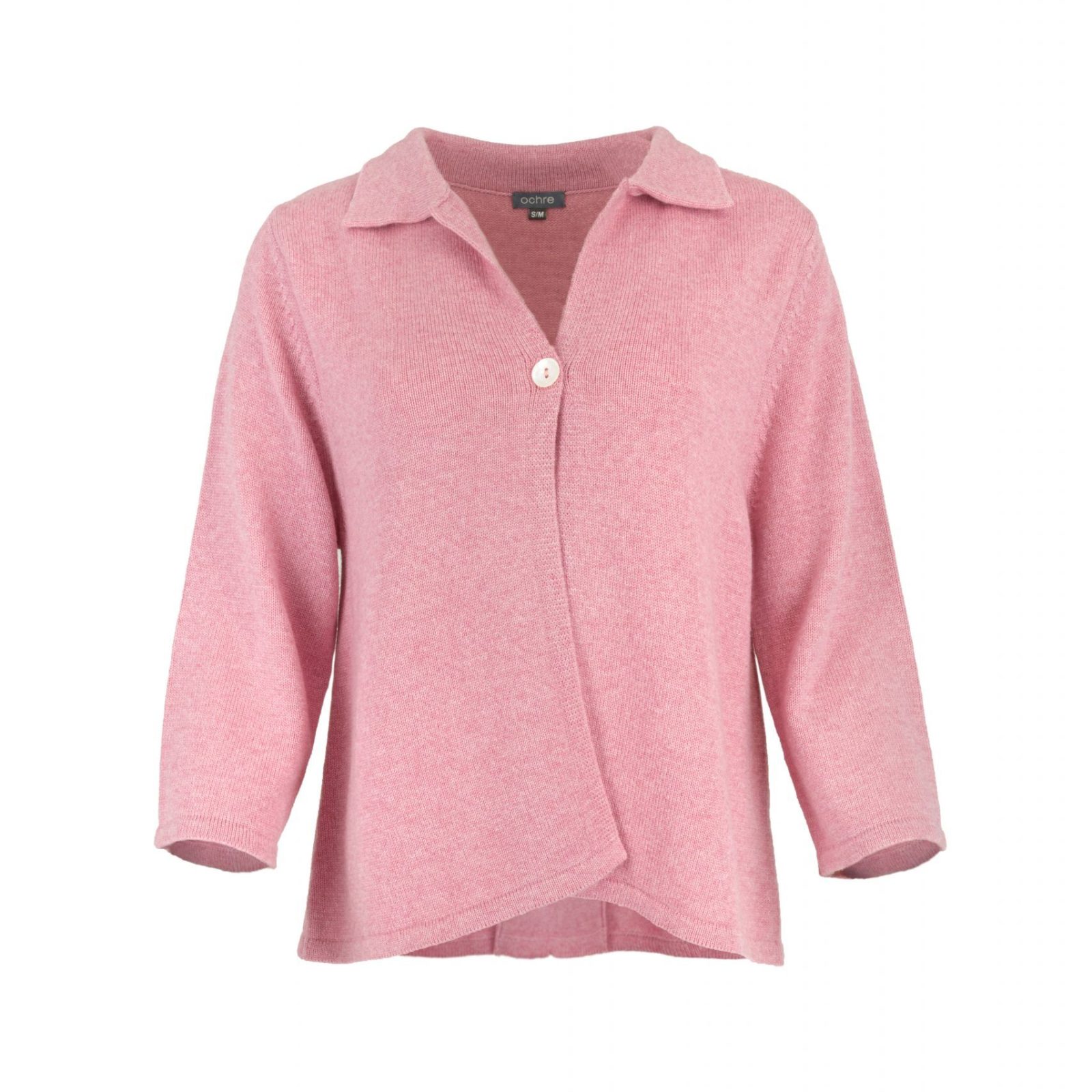 one button cardigan with collar, open front and long sleeves in monet pink colour, front view
