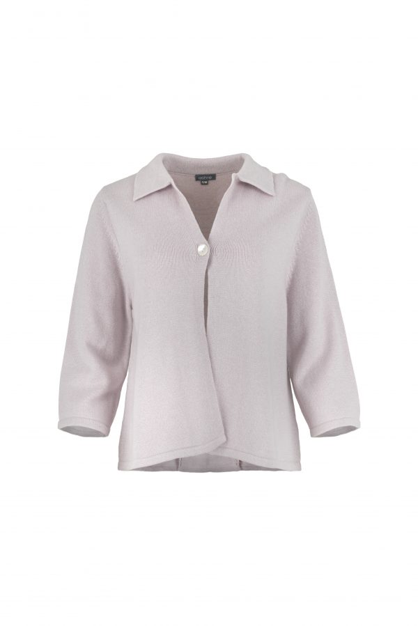 one button cardigan with collar, open front and long sleeves in monet orchid ice, front view