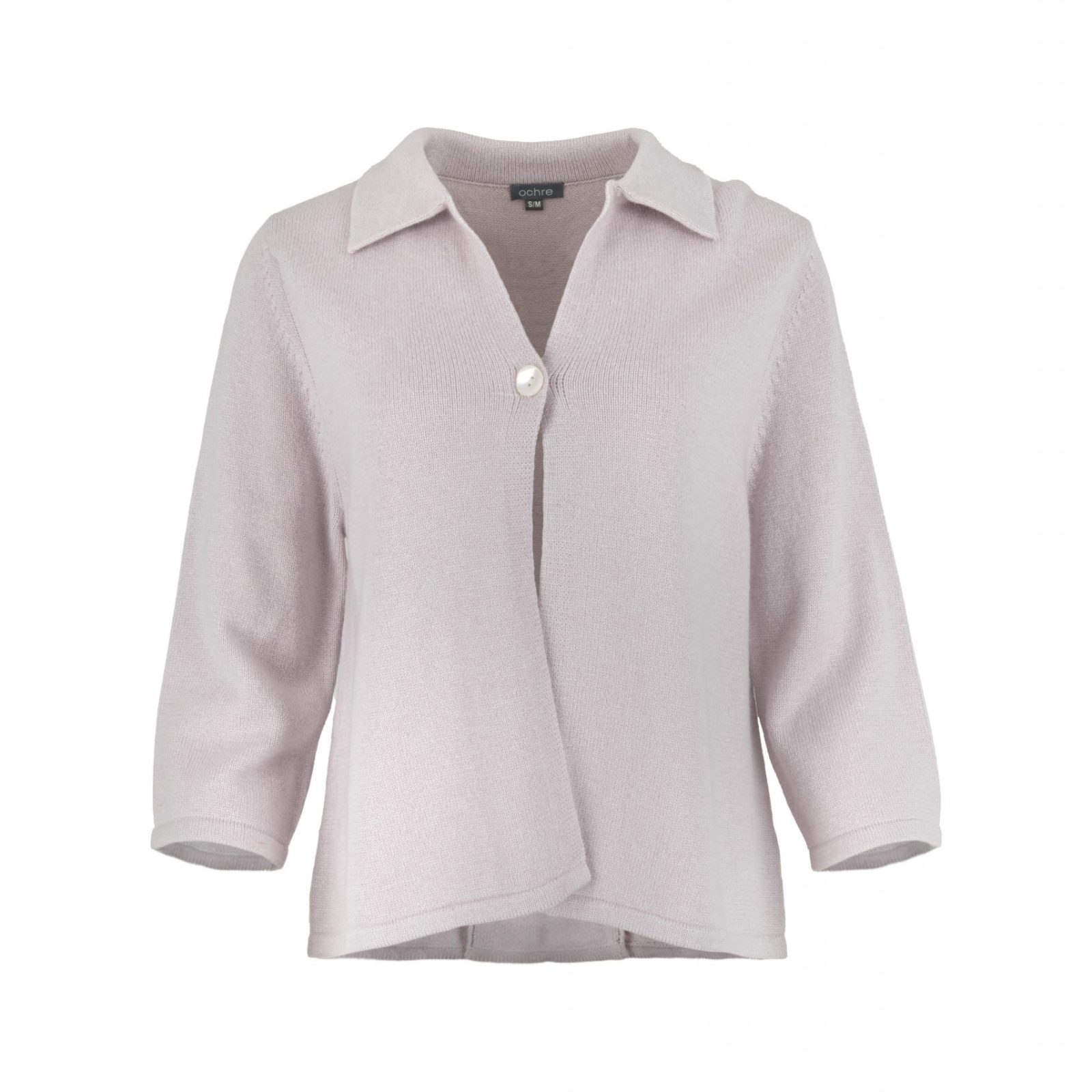 one button cardigan with collar, open front and long sleeves in monet orchid ice, front view
