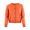 Women’s button cardigan in soft cashmere blend knit front view in orange peel colour